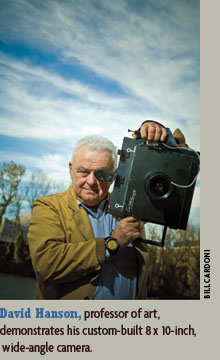 Image: David Hanson, professor of art, demonstrates his custom-built, 8 x 10-inch, wide-angle camera.